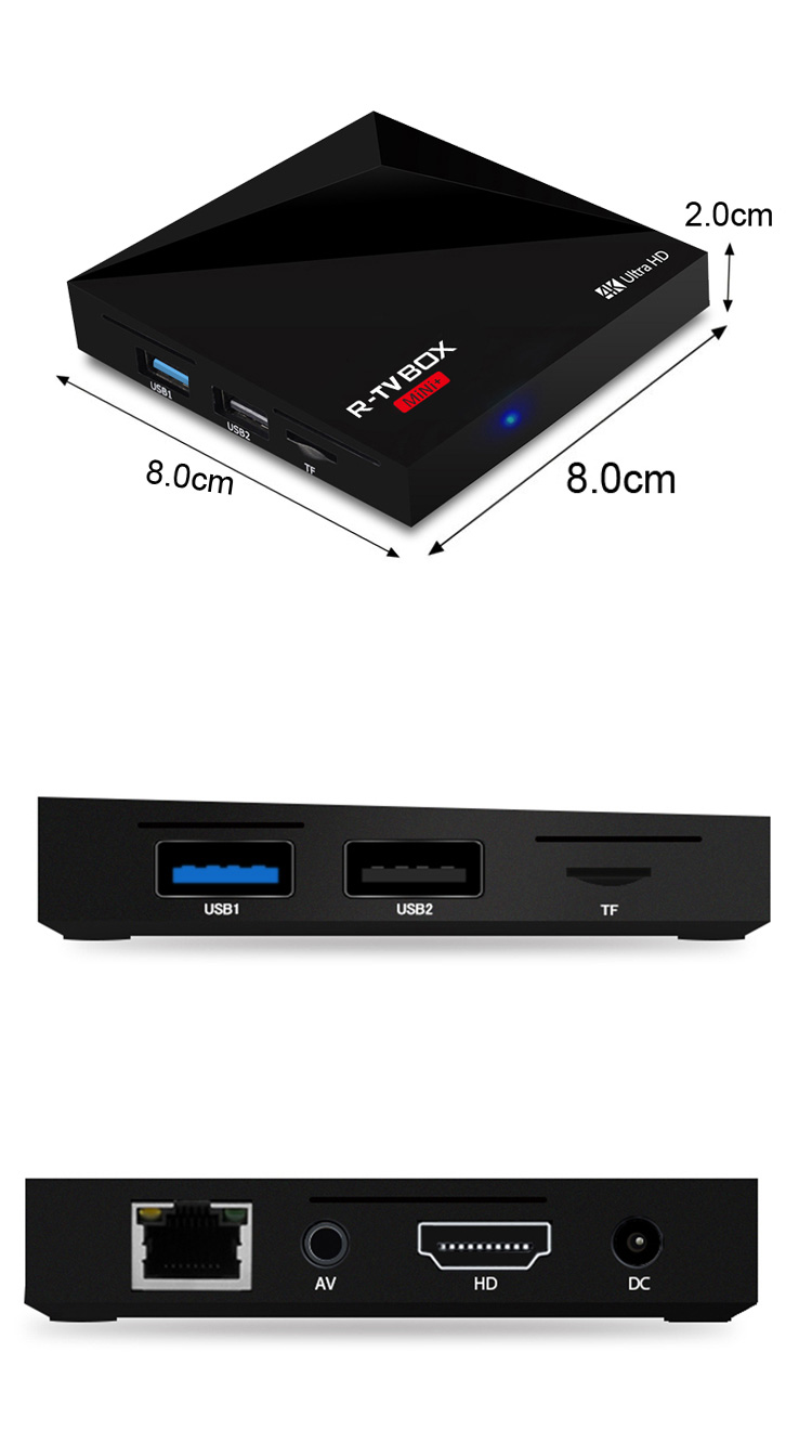R-TV BOX MINI+ Android 7.1.1 RK3328 4K VP9 KODI 17.1 TV Box 2GB/16GB 802.11 b/g/n WIFI LAN H.265 HDR10 USB3.0