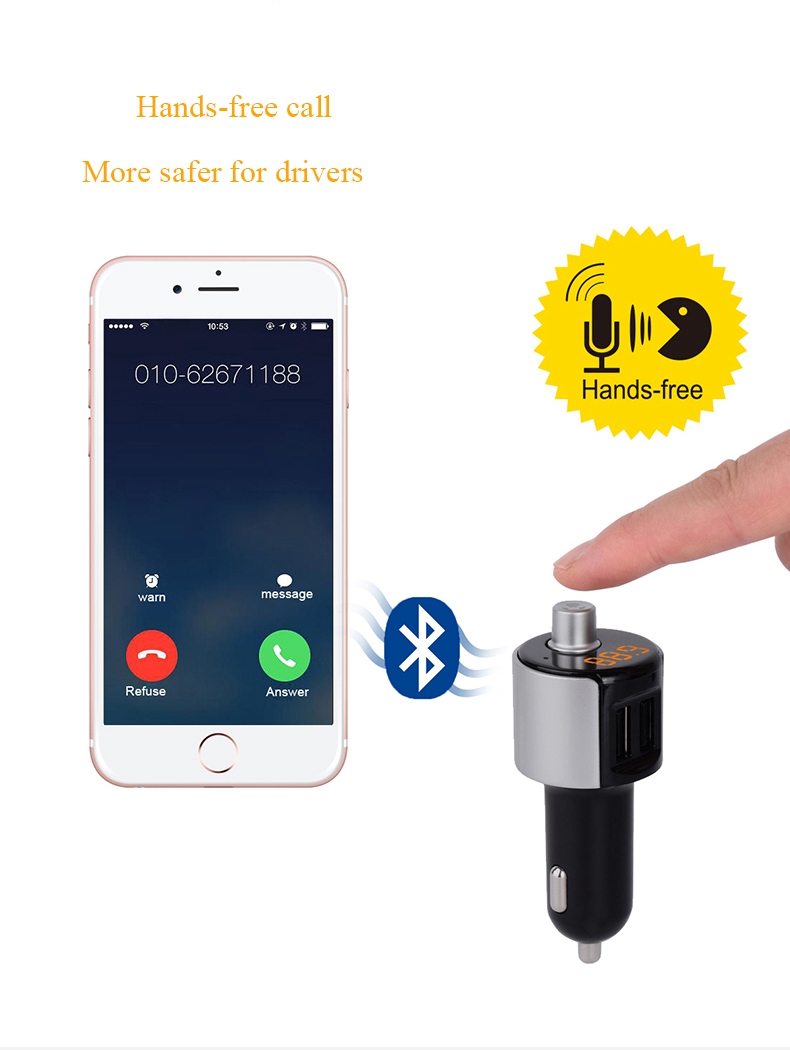 SAST T56 Dual USB Ports Wireless Bluetooth Car Charger MP3 Player FM Transmitter Handsfree Calling with Voltage Diagnostic - Black+Silver