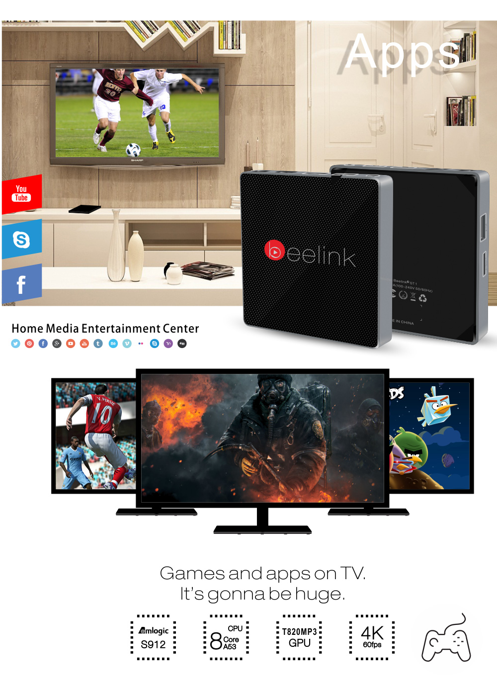 Beelink GT1 Android 6.0 Amlogic S912 4K KODI 2GB/32GB TV BOX 2.4G/5.8G WIFI Bluetooth Gigabit LAN HDMI - Black