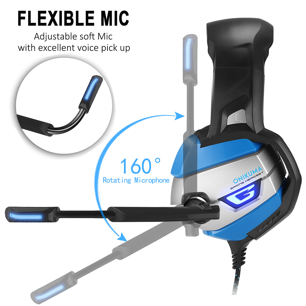ONIKUMA K5 Gaming Headset with Mic Stereo USB LED Headphones for PS4 XBOX One PC Laptop Mac - Blue + Black