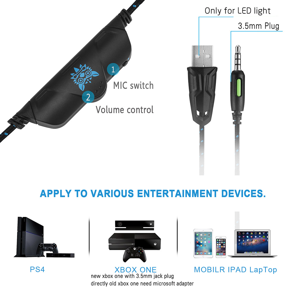 ONIKUMA K5 Gaming Headset with Mic Stereo USB LED Headphones for PS4 XBOX One PC Laptop Mac - Blue + Black