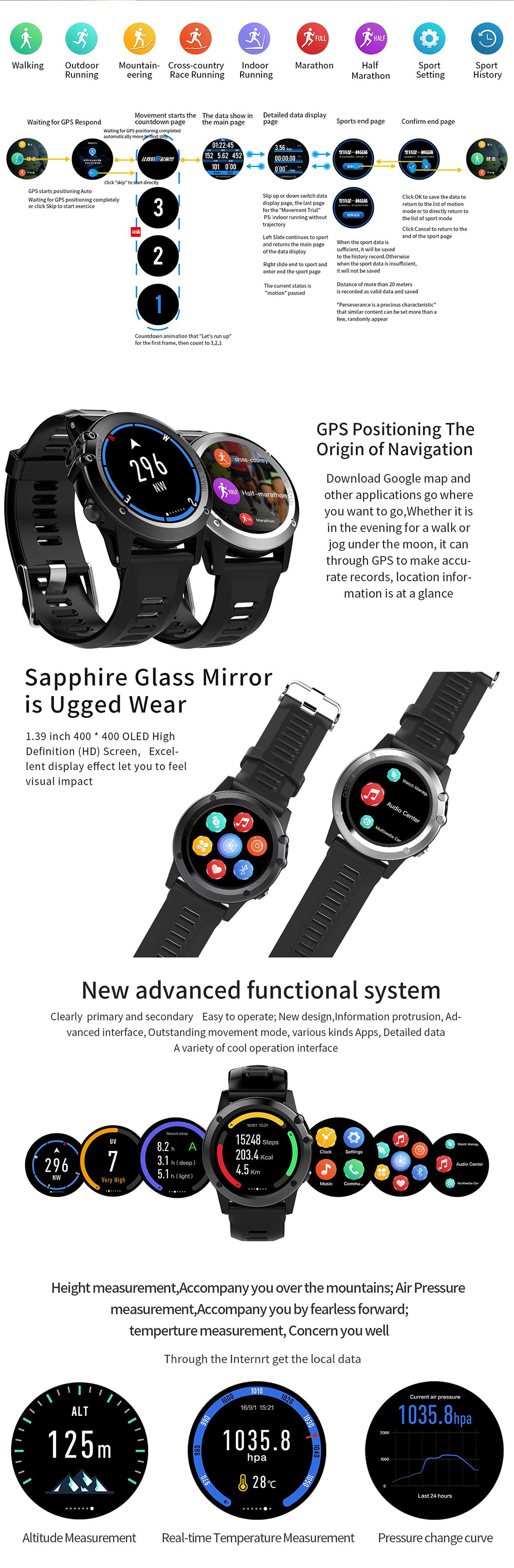 H1 Smart Watch Phone MTK6572 Bluetooth Camera SIM Card GPS WIFI Heart Rate Pedometer IP68 Water Resistant - Silver