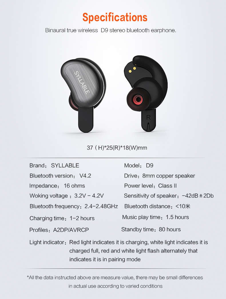 SYLLABLE D9 TWS Bluetooth Earbuds with Charging Dock One Key Operation Sweatproof - Black