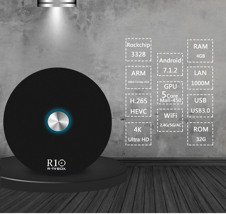 R-TV BOX R10 Android 7.1.2 RK3328 4K KODI 16.1 TV BOX 2GB/16GB 2.4G/5.8G WIFI LAN VP9 HDMI Bluetooth USB3.0 - Black