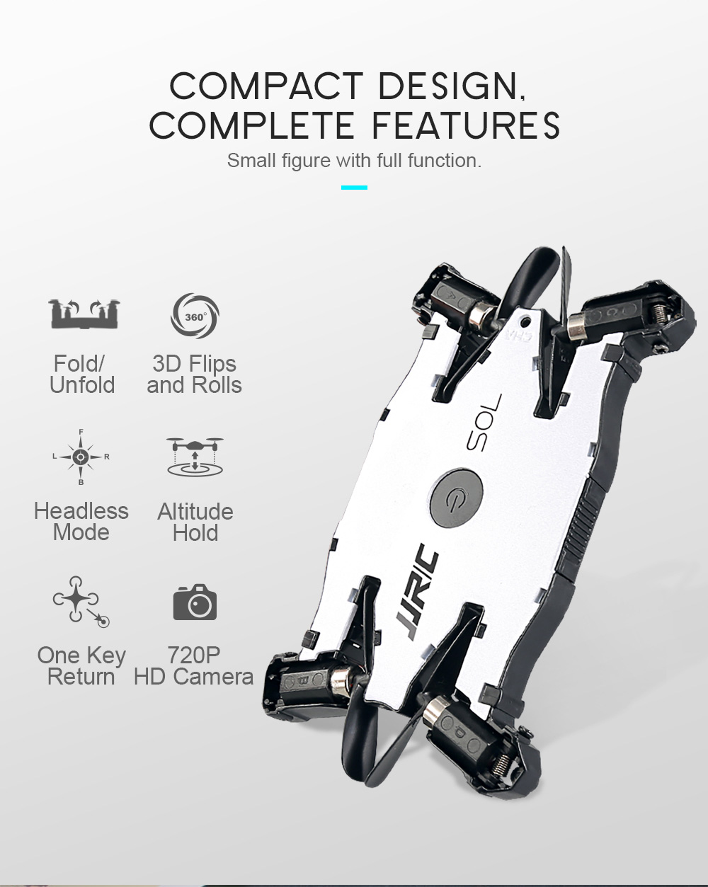 JJRC H49 SOL 720P WIFI FPV Ultrathin Foldable Selfie Drone with Beauty Altitude Hold Mode RC Quadcopter RTF - White