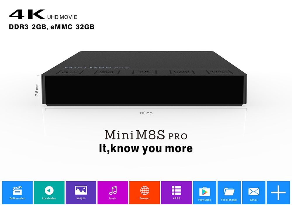 MINI M8S PRO Android 6.0 Amlogic S912 4K KODI 2GB/32GB TV BOX 2.4G/5.8G WIFI Bluetooth Gigabit LAN HDMI - Black