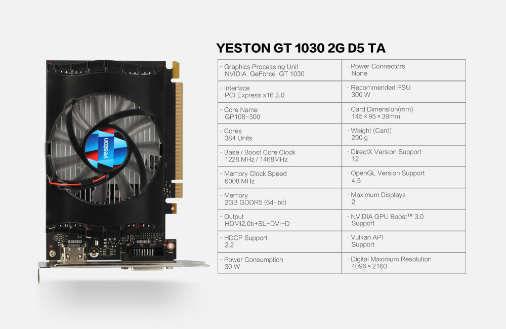Yeston NVIDIA GT1030 Geforce 2G Desktop Graphics Card GDDR5 64bit HDMI DVI 384SP Single Silent Fan Temperature Control - Black