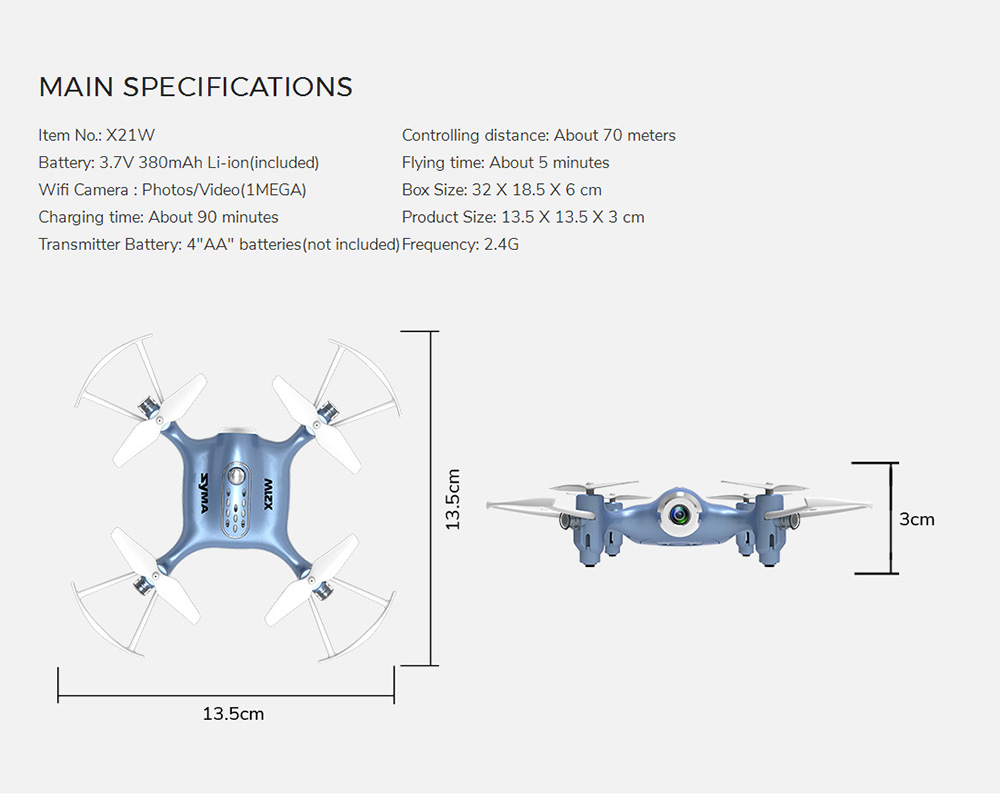 SYMA X21W WIFI FPV with HD Camera Altitude Hold Mode 4CH 6Aixs Gyro RC Quadcopter RTF - Blue
