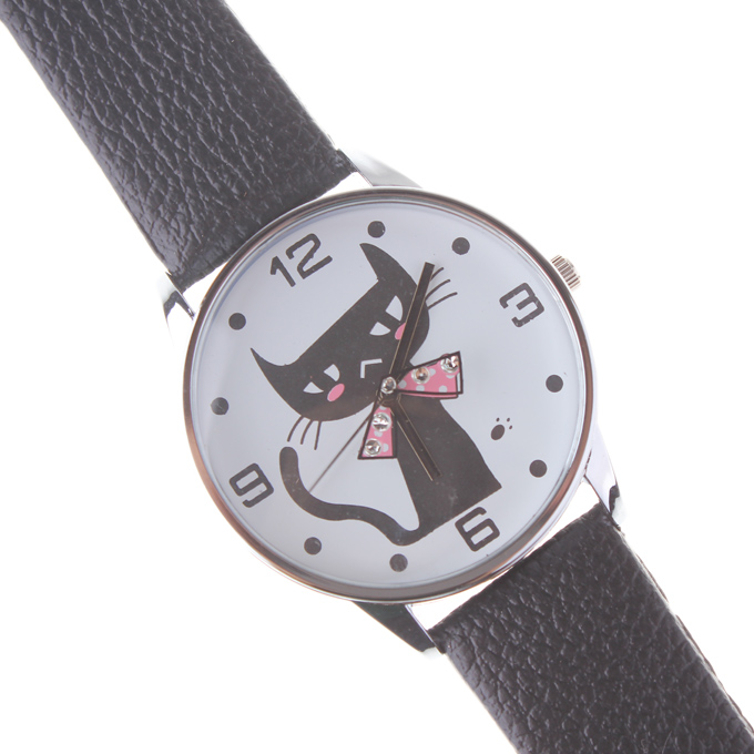 Black Cat Fashion Leather Strap Wrist Watches Round Analoy Watch for Women -Black