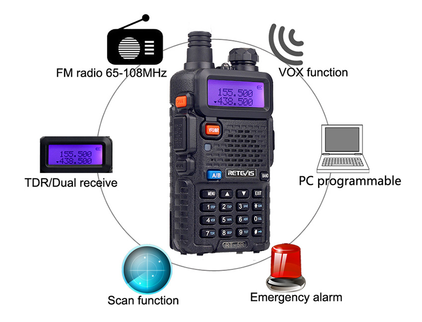 Retevis RT-5R Walkie Talkie Radio VHF UHF Dual Band 5W 128CH Handheld Portable Transceiver -Black