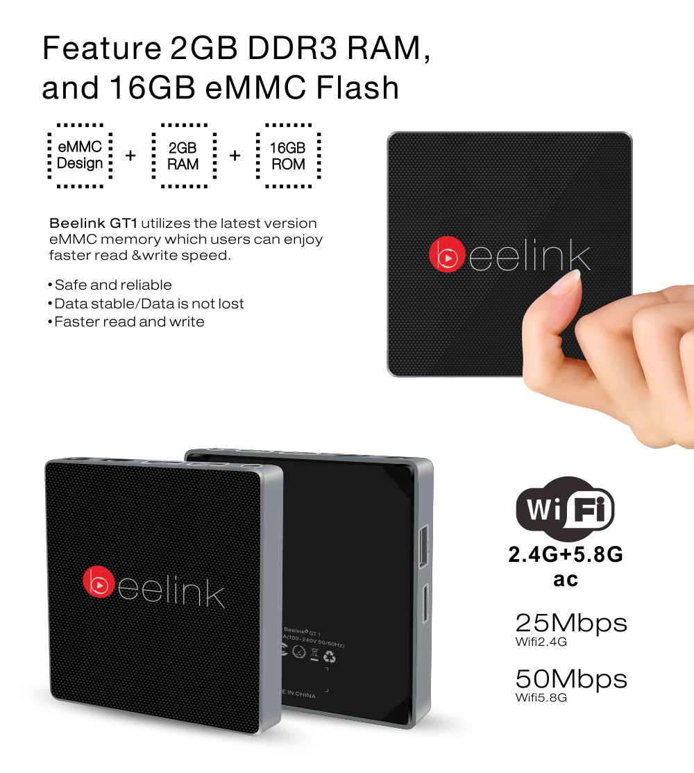 Beelink GT1 Android 6.0 Amlogic S912 4K KODI 2GB/32GB TV BOX 2.4G/5.8G WIFI Bluetooth Gigabit LAN HDMI - Black