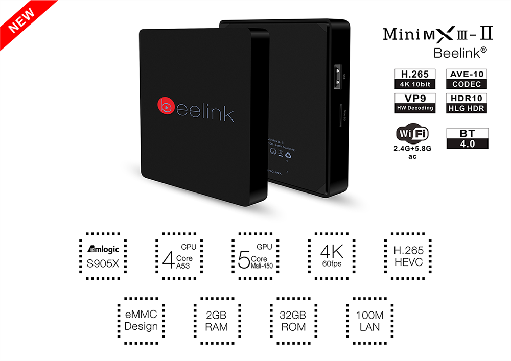Beelink Mini MXIII-II Android 6.0 Amlogic S905X KODI 4K 2GB/32GB TV BOX 2.4G/5.8G WIFI Bluetooth Gigabit LAN HDMI - Black