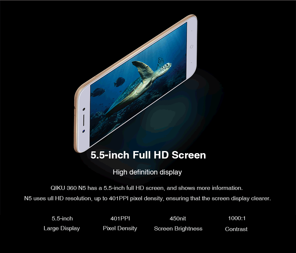 QIKU 360 N5 5.5 Inch 4G LTE Smartphone FHD Screen 6GB 64GB Snapdragon 653 Octa Core 13.0MP+8.0MP Cam Touch ID 4000mAh Fast Charge - Black