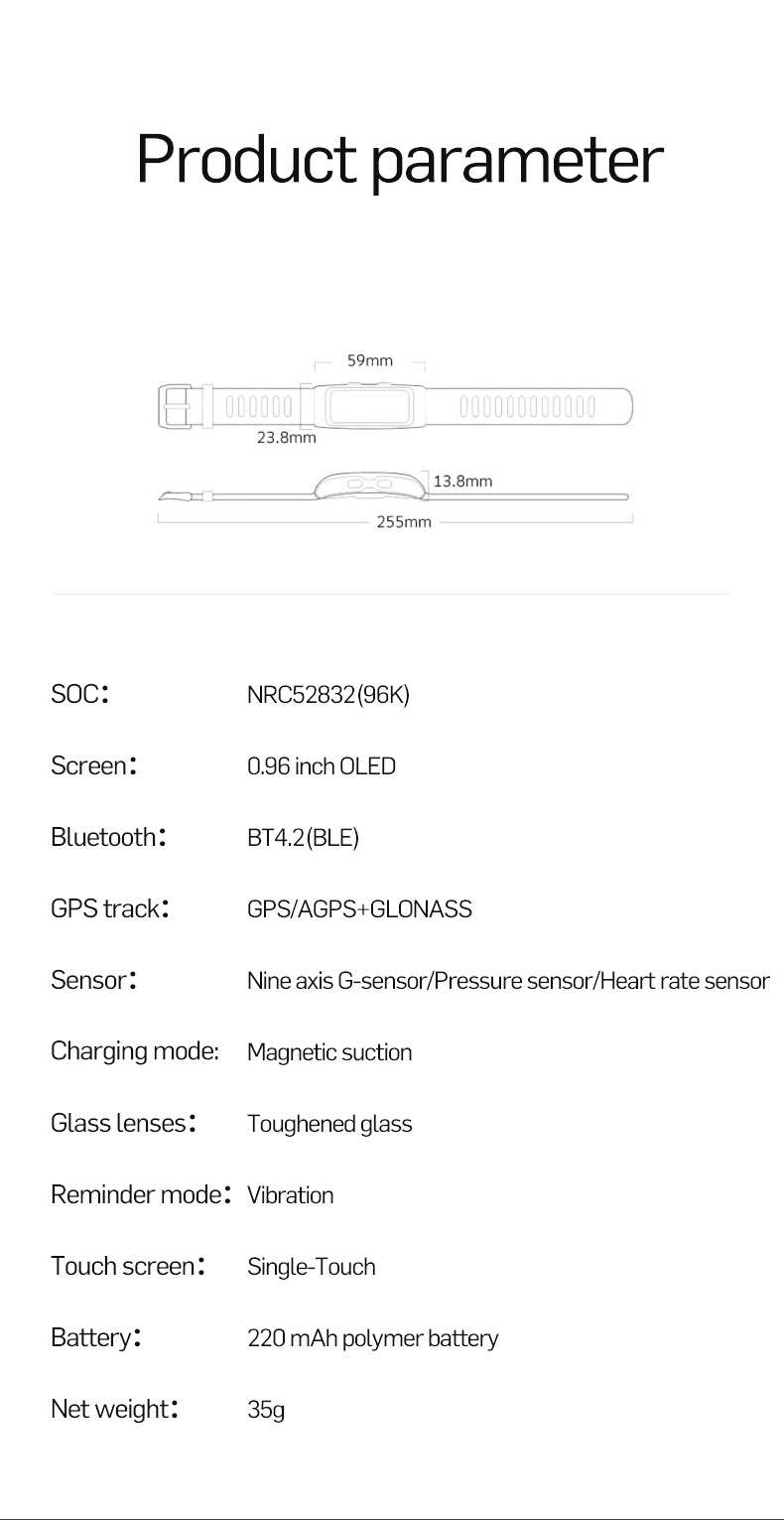 T28 Bluetooth Smart Band IP68 Dynamic Heart Rate Monitor GPS Tracker Temperature Altitude Bluetooth Smart Wristband Fitness Tracker - Black