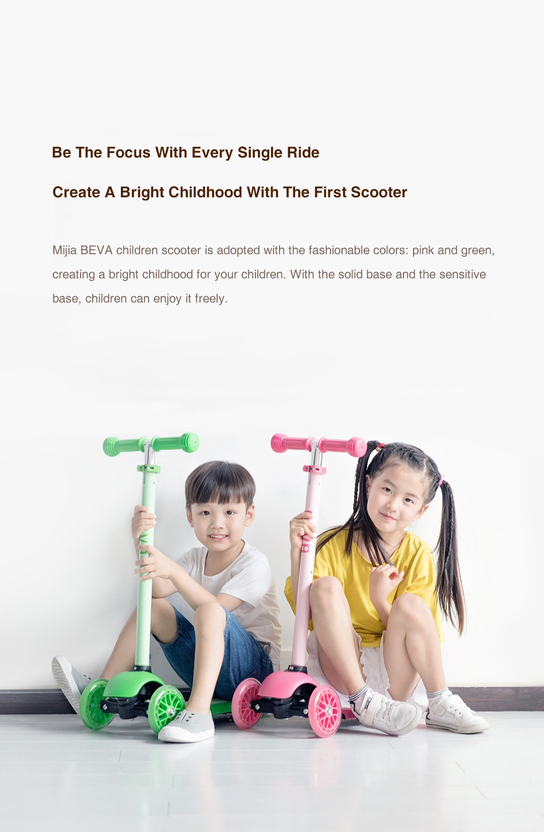 Xiaomi Mijia BEVA Scooter For Kids Adjustable Height Shock-Absorption Ergonomic Design Anti-slip Wide Deck Children Scooter - Pink