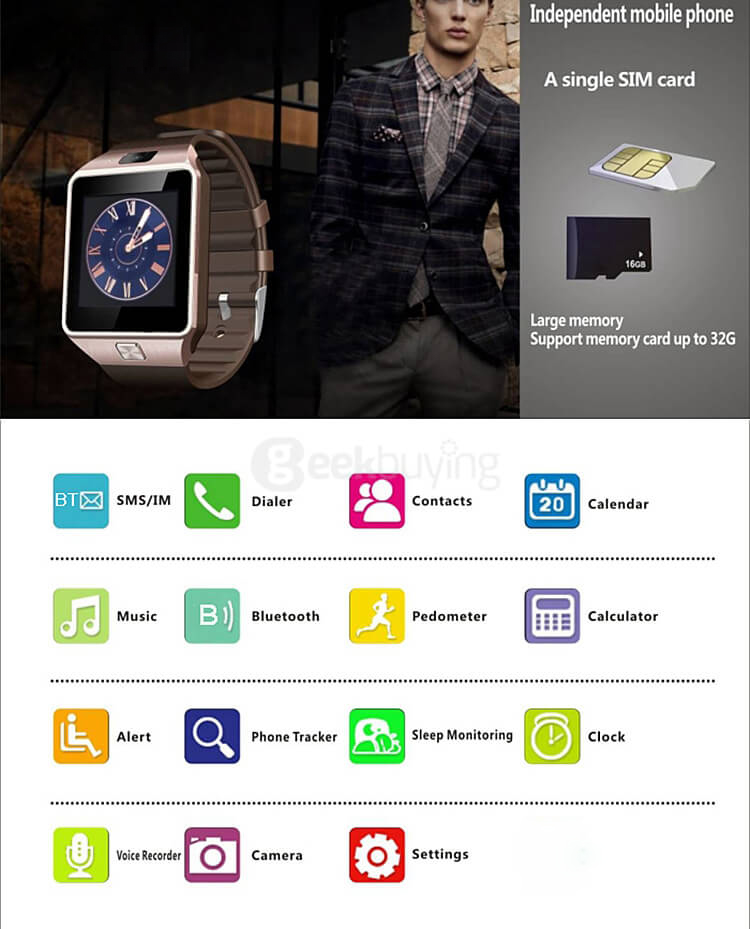 DZ09 Bluetooth 3.0 Smart Watch Phone MTK6260A Micro SIM Card with Camera Touch Screen Fitness Tracker for Android iOS - Gold