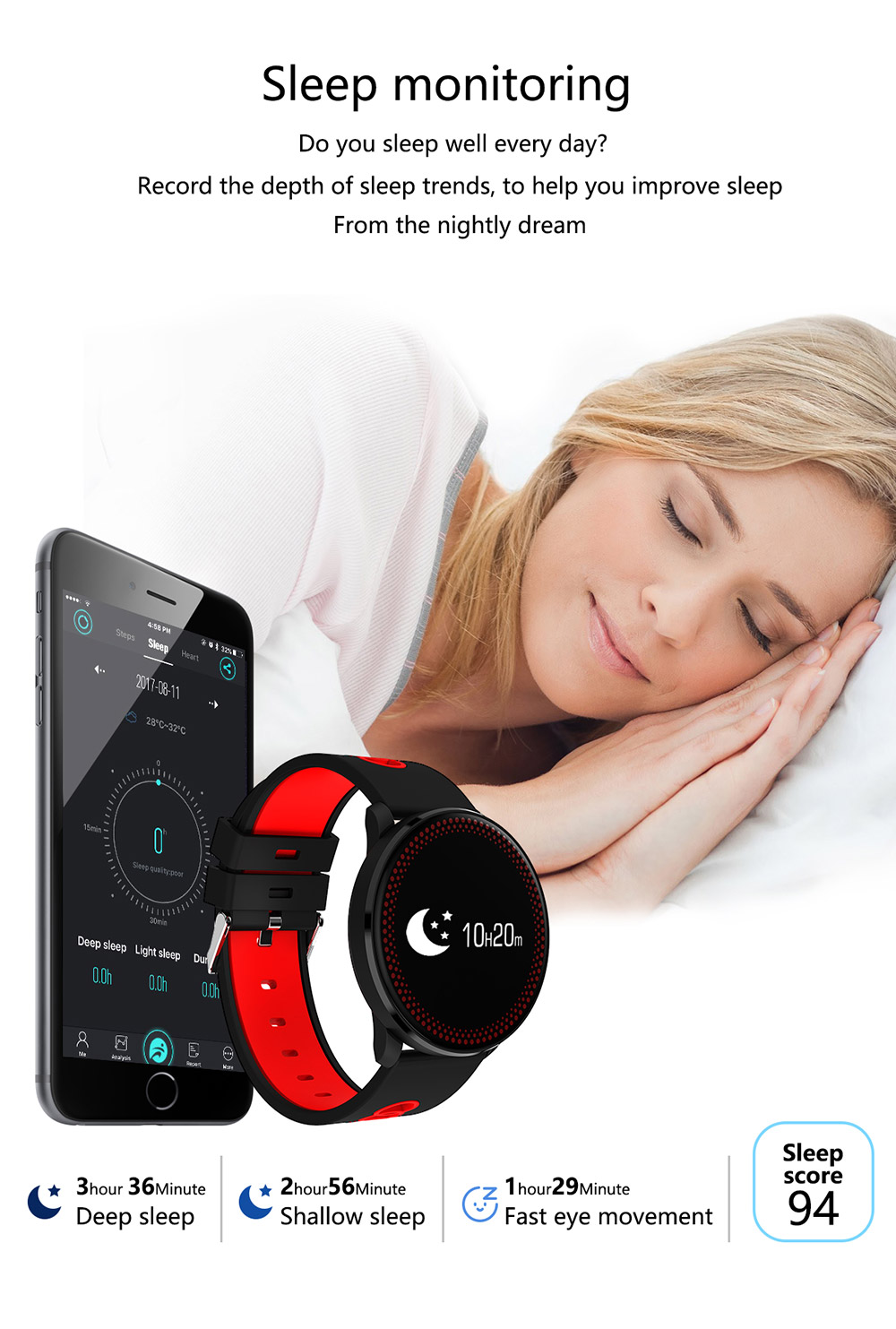 CF007 Smartwatch 0.96" OLED Display Bluetooth Fitness Tracker Heart Rate Monitor Push Notification Compatible with iOS Android - White