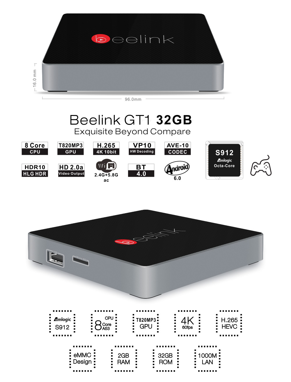Beelink GT1 Android 6.0 Amlogic S912 4K KODI 2GB/32GB TV BOX 2.4G/5.8G WIFI Bluetooth Gigabit LAN HDMI - Black