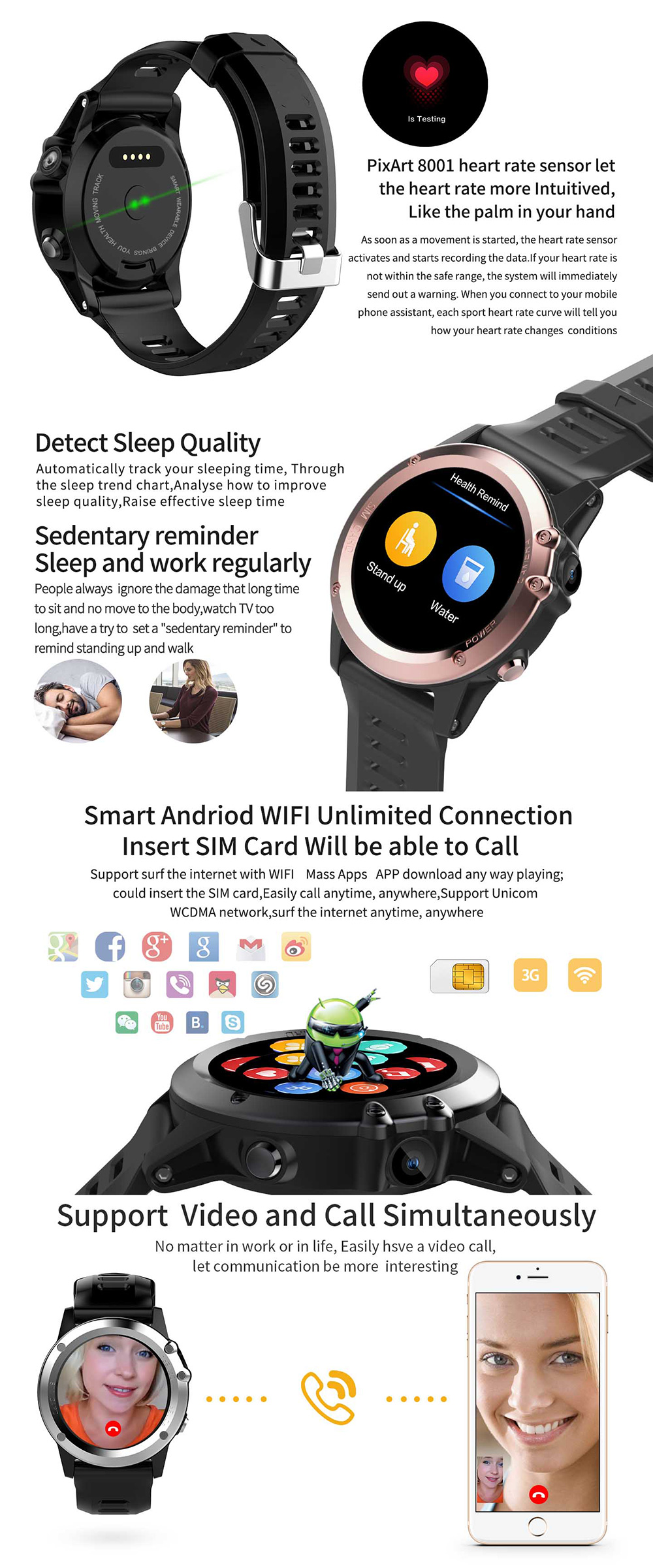 H1 Smart Watch Phone MTK6572 Bluetooth Camera SIM Card GPS WIFI Heart Rate Pedometer IP68 Water Resistant - Silver