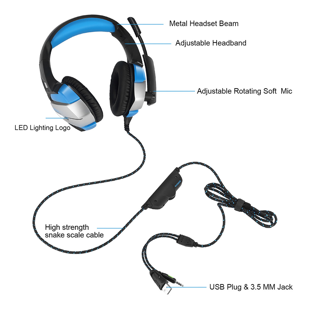ONIKUMA K5 Gaming Headset with Mic Stereo USB LED Headphones for PS4 XBOX One PC Laptop Mac - Blue + Black