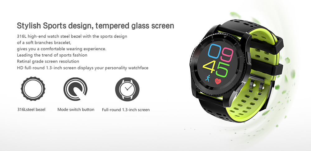 Makibes W02 Smartwatch Phone MTK2502 Bluetooth 4.0 SIM Card Call Message Reminder Heart Rate Monitor Compatible with Android iOS - Black & Green