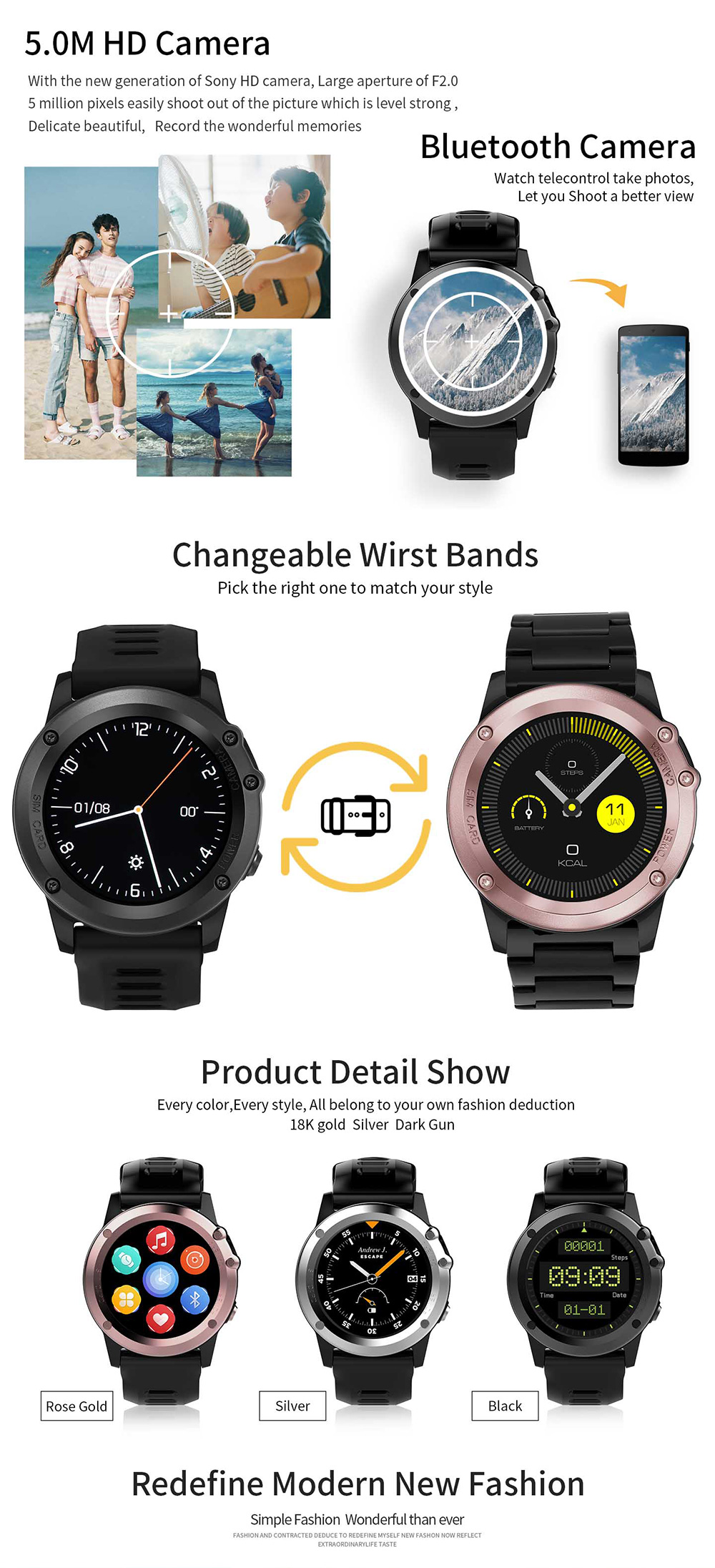 H1 Smart Watch Phone MTK6572 Bluetooth Camera SIM Card GPS WIFI Heart Rate Pedometer IP68 Water Resistant - Silver