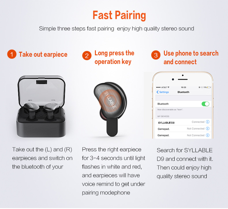 SYLLABLE D9 TWS Bluetooth Earbuds with Charging Dock One Key Operation Sweatproof - Black