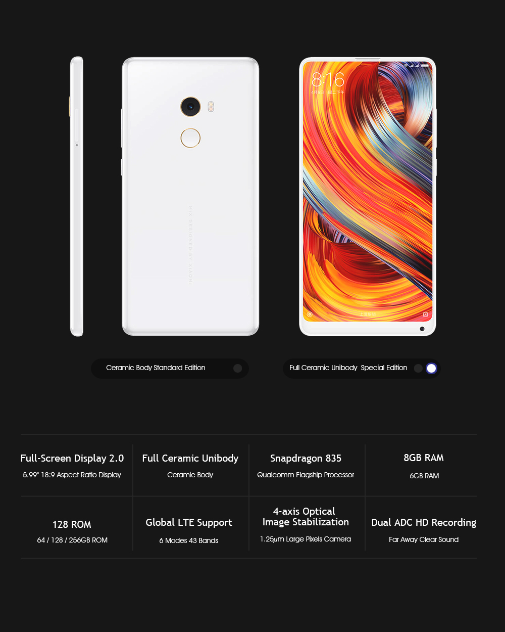 Xiaomi Mi Mix 2 5.99 Inch 4G LTE Smartphone 6GB 64GB 12.0MP Cam Snapdragon 835 Octa Core Android 7.1 NFC VoLTE Four-sided Curved Ceramic Body - Black