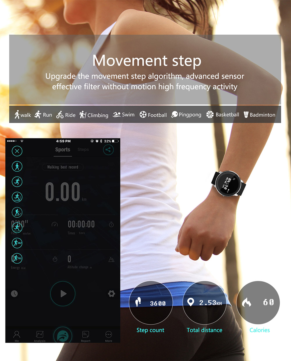 CF007 Smartwatch 0.96" OLED Display Bluetooth Fitness Tracker Heart Rate Monitor Push Notification Compatible with iOS Android - White