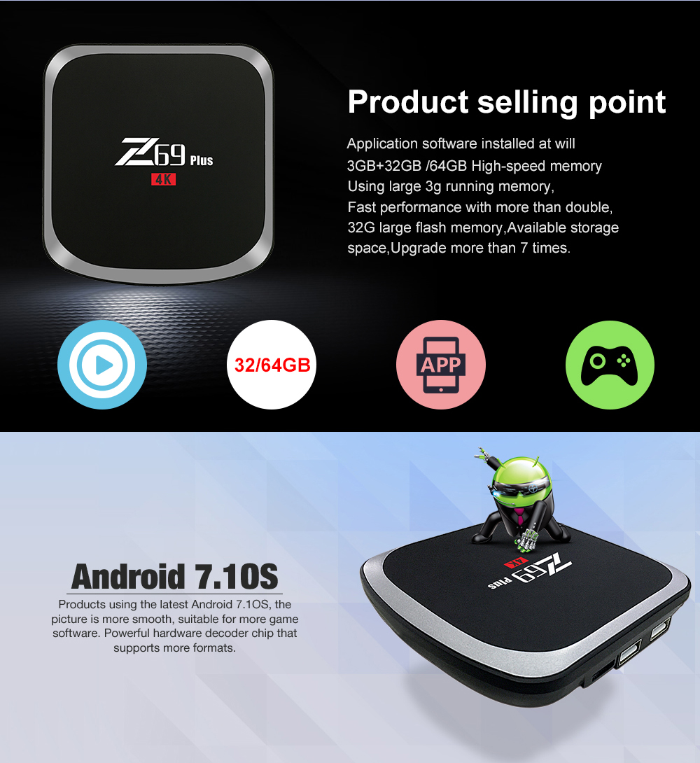 Z69 Plus Android 7.1.2 Amlogic S912 3GB/32GB KODI 17.3 4K TV BOX 802.11AC WIFI Gigabit LAN Bluetooth HDMI