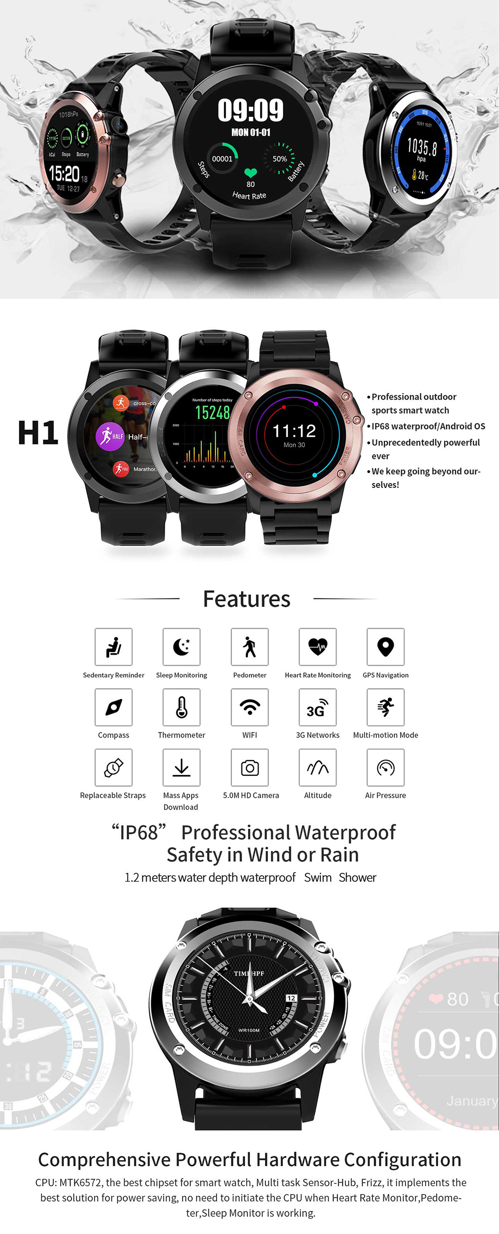 H1 Smart Watch Phone MTK6572 Bluetooth Camera SIM Card GPS WIFI Heart Rate Pedometer IP68 Water Resistant - Silver
