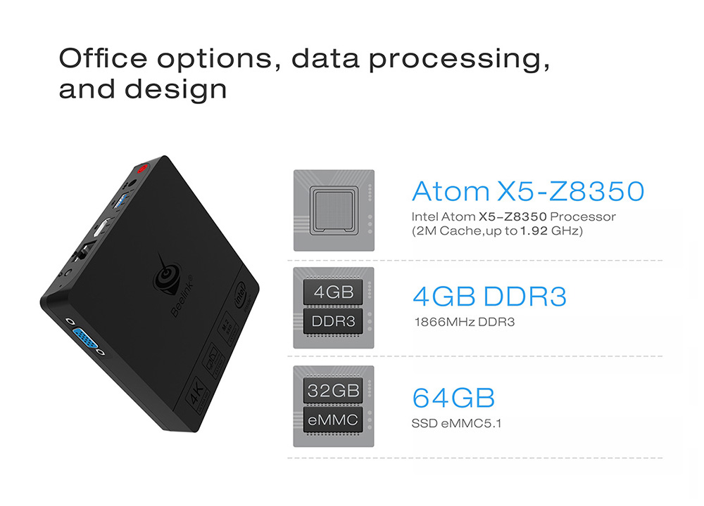 Beelink BT3 PRO Licensed Windows 10 64Bit MINI PC Intel Atom X5-Z8350 4GB/64GB 2.4G/5.8G WIFI Gigabit LAN HDMI VGA USB3.0 - Black