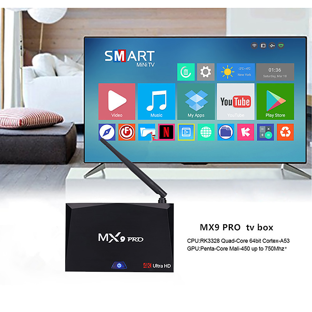 MX9 PRO Android 7.1.1 RK3328 4GB/32GB KODI 17.3 4K HDR TV BOX 2.4G/5G WIFI Bluetooth LAN VP9 HDMI USB3.0 - Black