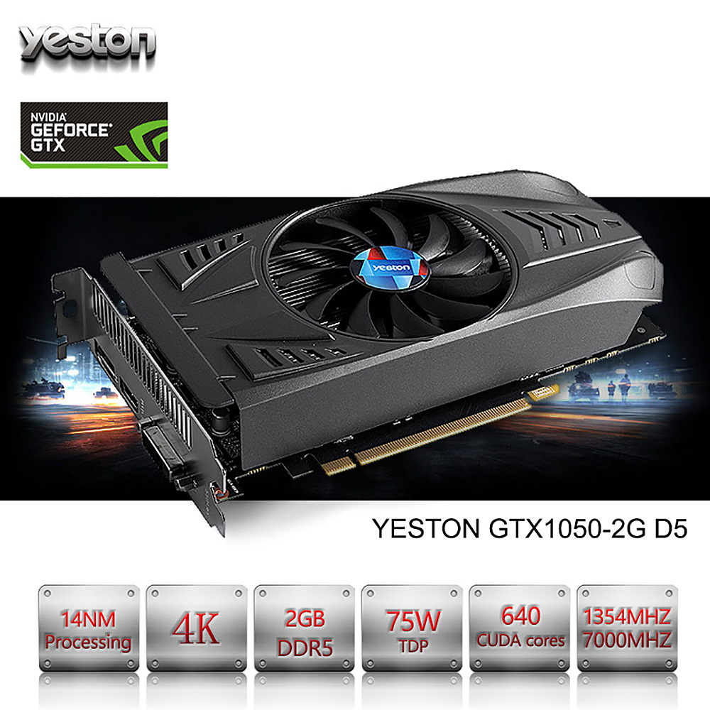 Yeston NVIDIA GTX1050 2GB GDDR5 Desktop Graphics Card 128bit HDMI DVI DP 640SP Single Silent Fan For Windows 7 Windows 9 Windows 9 - Black