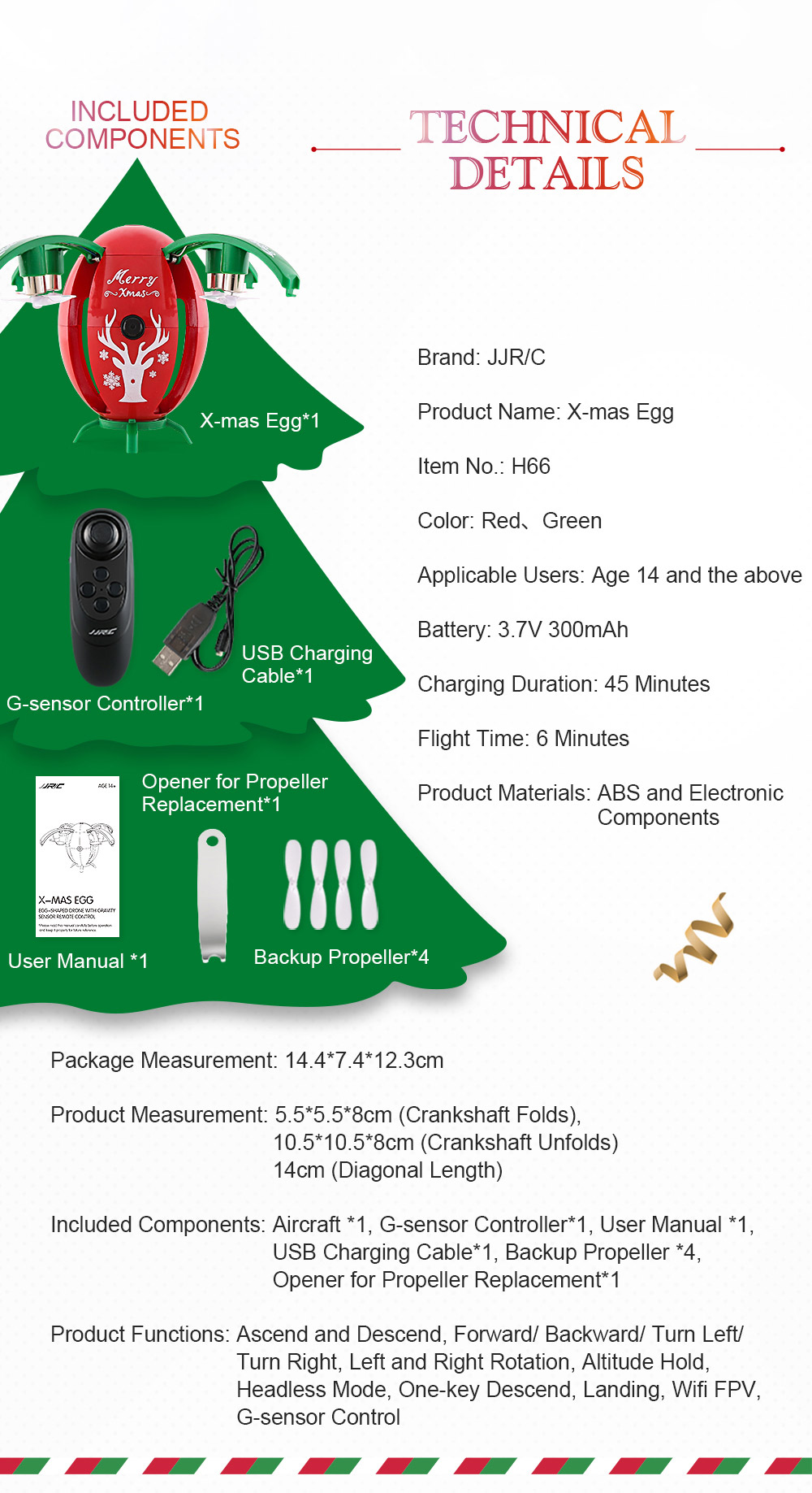JJRC H66 X-mas Egg 720P WIFI FPV Selfie Drone with Gravity Sensor Transmitter Altitude Hold Mode RC Quadcopter RTF - Red