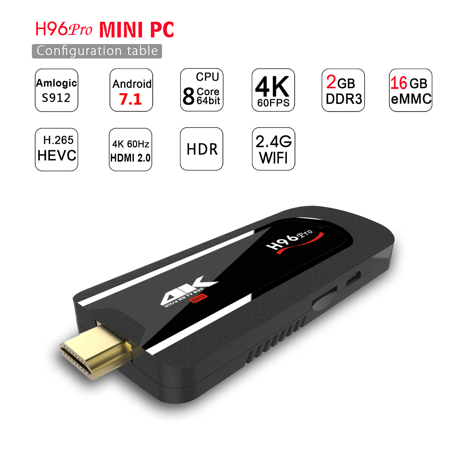 H96 Pro KODI 17.3 2GB/16GB 4K TV Dongle Android 7.1.1 Amlogic S912 WIFI Bluetooth 4.1 HEVC H.265 Decoding VP9 HDR