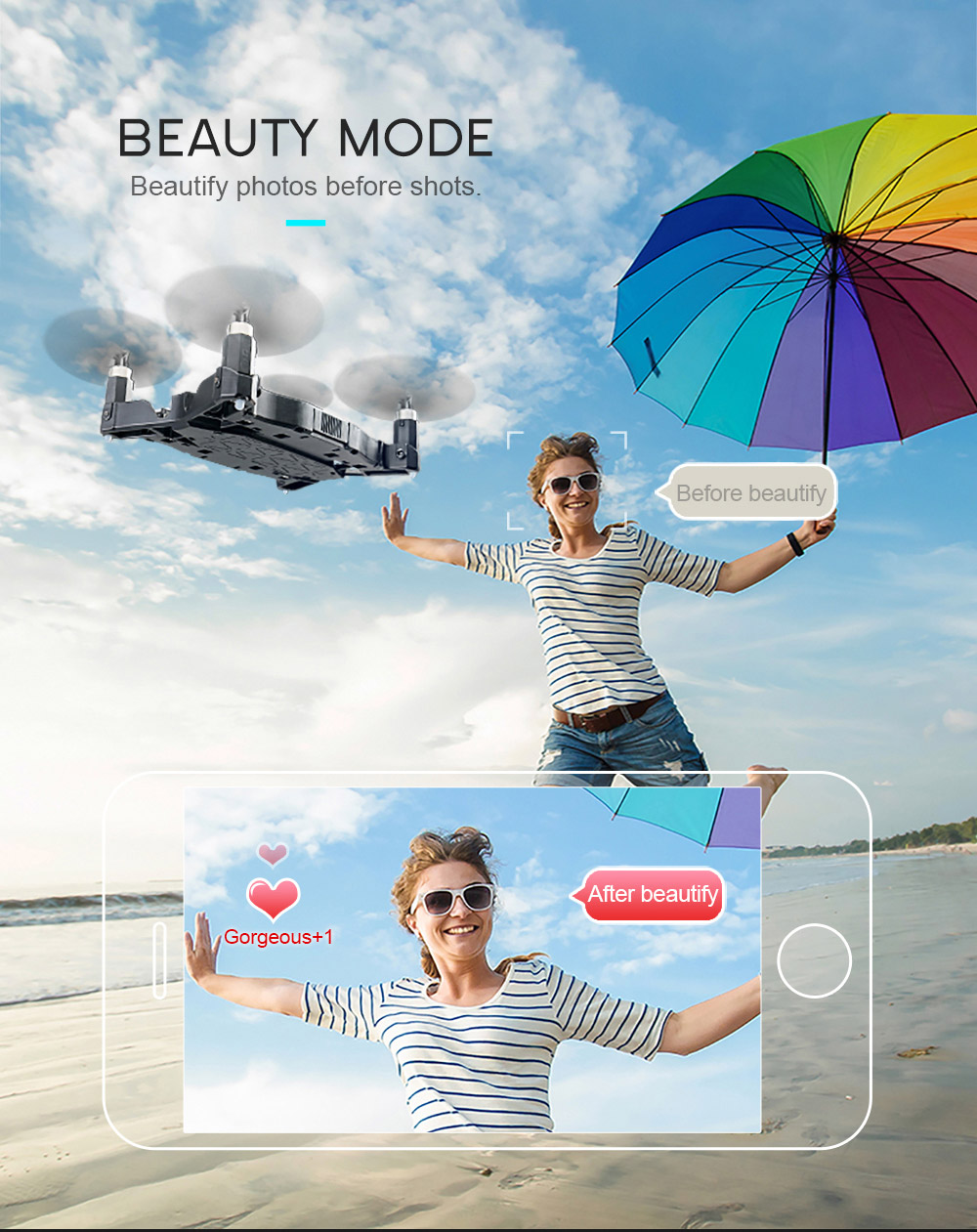 JJRC H49 SOL 720P WIFI FPV Ultrathin Foldable Selfie Drone with Beauty Altitude Hold Mode RC Quadcopter RTF - White