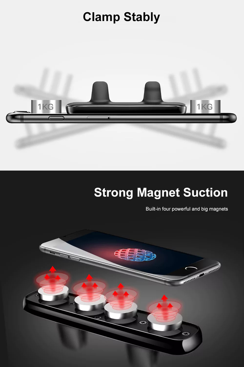 Baseus Universal Double Clips Vehicle Mount Magnetic Horizontal Car Holder Air Vent Mount Mobile Phone Holder - Black