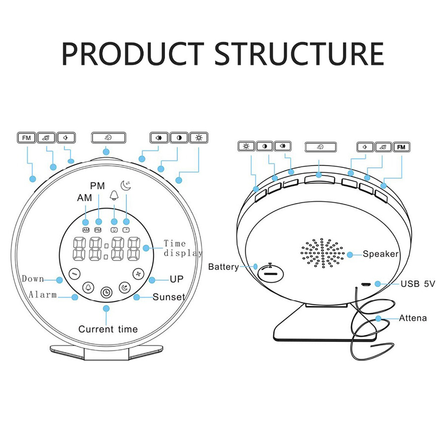 JW-6639F Wake-up Light Sunrise Alarm Clock Touch Control LED FM Radio Bedside USB Night Lamp -US Plug
