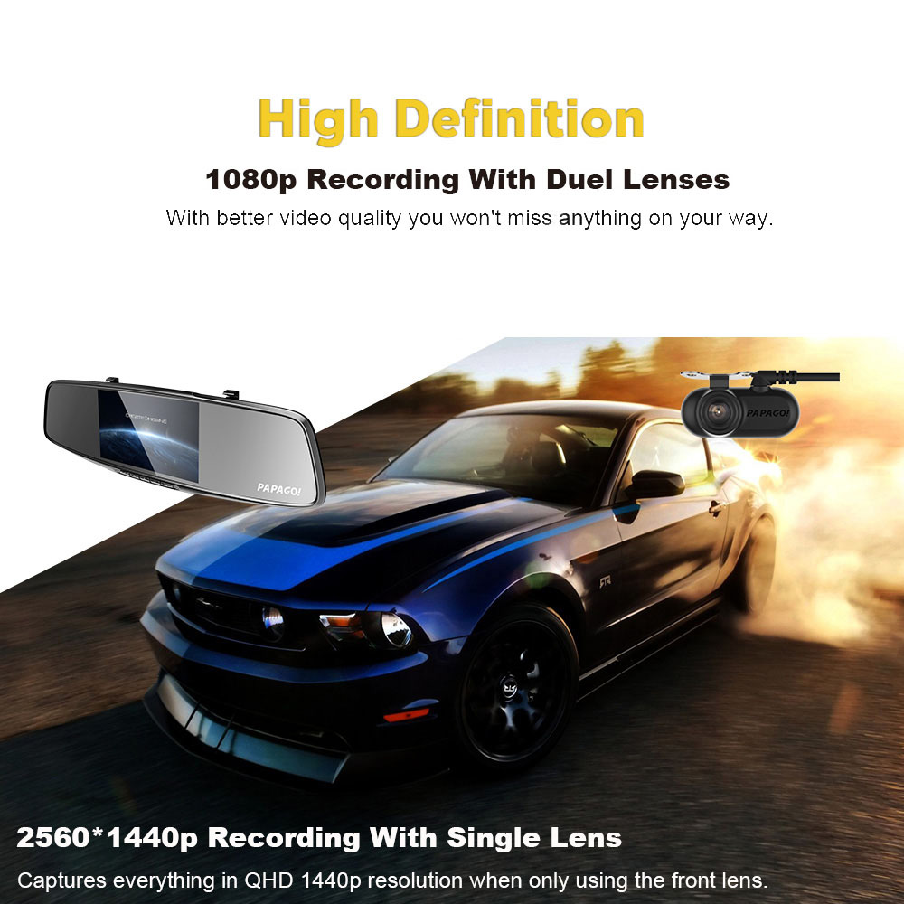 PAPAGO Gosafe 738 PPG8031 Dual Core 5.0 Inches Screen Dual Lens Rearview Mirror Car DVR G Sensor 1440P 170 Degree Angle Rearview Mirror Video Recorder - Black