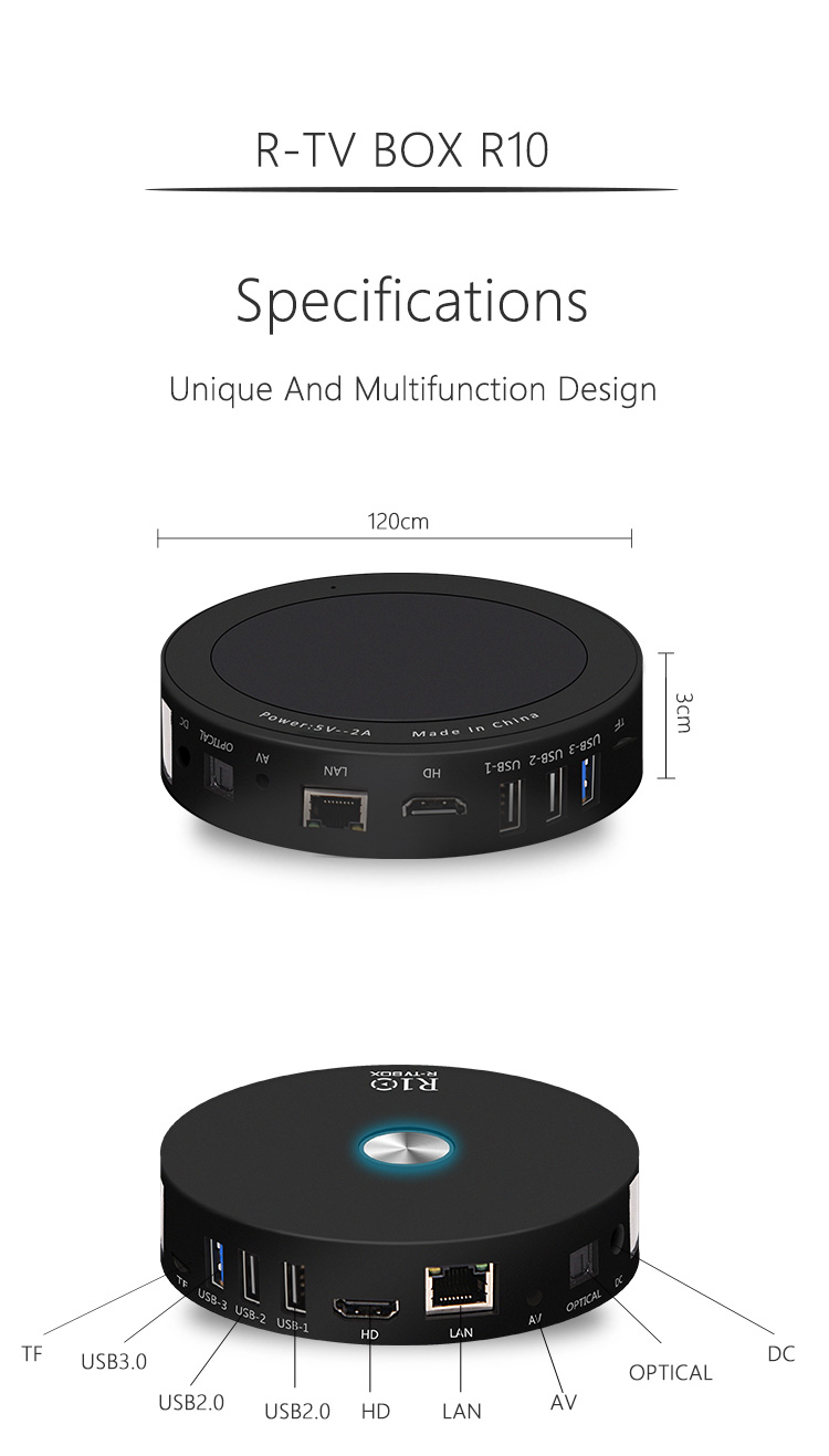 R-TV BOX R10 Android 7.1.2 RK3328 4K KODI 16.1 TV BOX 2GB/16GB 2.4G/5.8G WIFI LAN VP9 HDMI Bluetooth USB3.0 - Black