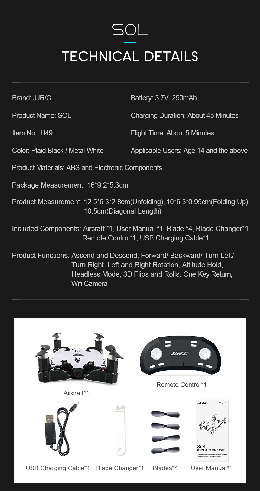 JJRC H49 SOL 720P WIFI FPV Ultrathin Foldable Selfie Drone with Beauty Altitude Hold Mode RC Quadcopter RTF - White