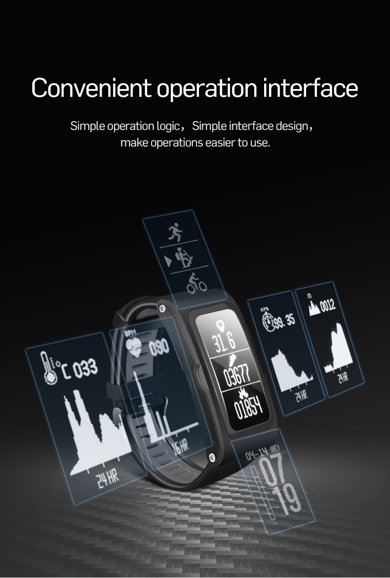 T28 Bluetooth Smart Band IP68 Dynamic Heart Rate Monitor GPS Tracker Temperature Altitude Bluetooth Smart Wristband Fitness Tracker - Black