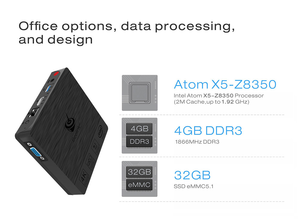 Beelink BT3 PRO Licensed Windows 10 64Bit MINI PC Intel Atom X5-Z8350 4GB/32GB 2.4G/5.8G WIFI Gigabit LAN HDMI VGA USB3.0 - Black