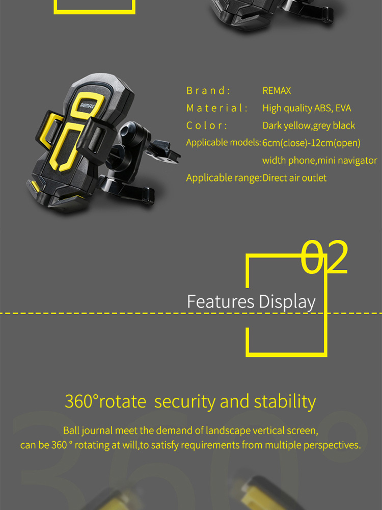 Remax RM-14 Universal Car Mobile Phone Holder 360 Degree Rotation Air Vent Car Mount - Black + Yellow