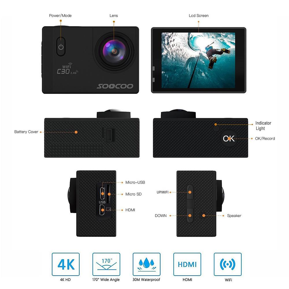 SOOCOO C30R NTK96660 Sony IMX078 2.0 Inch Display Action Camera 4K WiFi 170 Degree Wide Angle With Remote Control-Silver