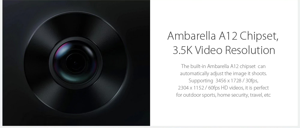 Xiaomi Mijia 360 Panoramic Camera Ambarella A12 Sony IMX206 1/2.3 CMOS Sensor 23.88MP 3.5K Video 6-axis EIS IP67 - Black