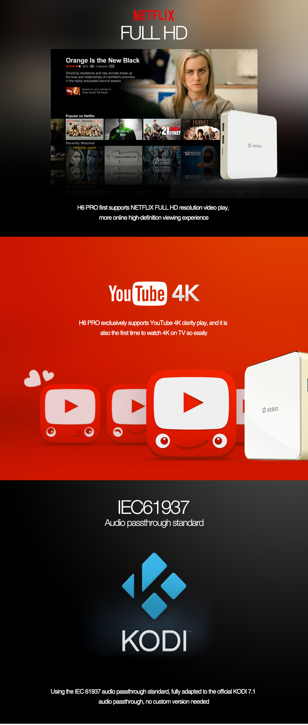 ZIDOO H6 PRO Netflix 4K Streaming TV Box Allwinner H6 DDR4 2GB eMMC 16GB ac WIFI 1000M LAN Dolby Digital DTS-HD Smartcolor 3.0 Bluetooth4.1