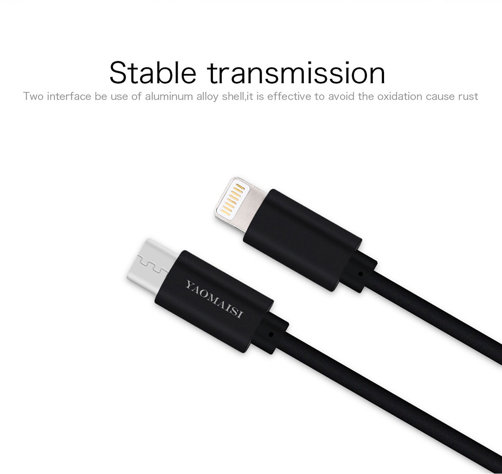 Yaomaisi USB Type-C to 8 pin 1m Data Charging Cable for iPhone X / iPhone 8 Plus / iPhone 8 / iPhone 7 Plus / iPhone 7/ iPad Air / iPad 4 - Black
