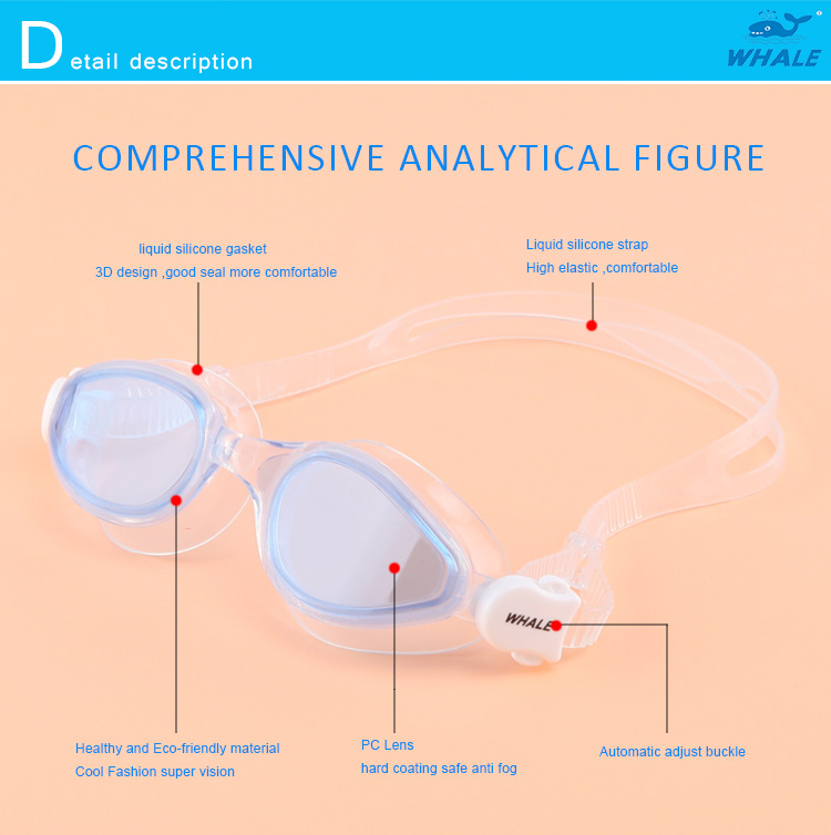 Whale Swimming Goggles Soft Durable Silicone Headstrap Mirror Coating Anti-fog UV Protection - Pink + White